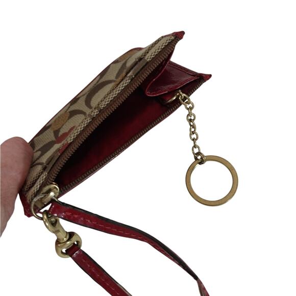 COACH! ADORABLE TAN MONOGRAM W/GOLD DOTS & HEART, RED LEATHER WRISTLET, WALLET! - Picture 7 of 11